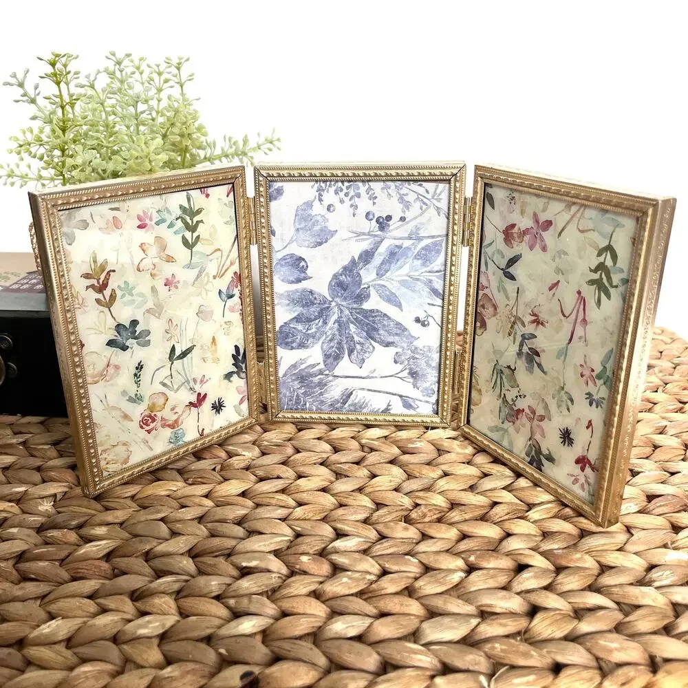 Vintage Gold Brass Tone Metal Tri-Panel Tabletop Picture Frame for 3.5x5